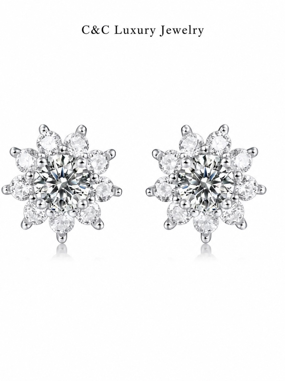 White Crystal Flower Stud Earrings